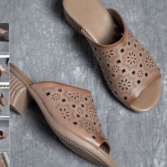 Rumour Has It | Caramel Geometric Openwork Leather Slide - Picture 4 of 5